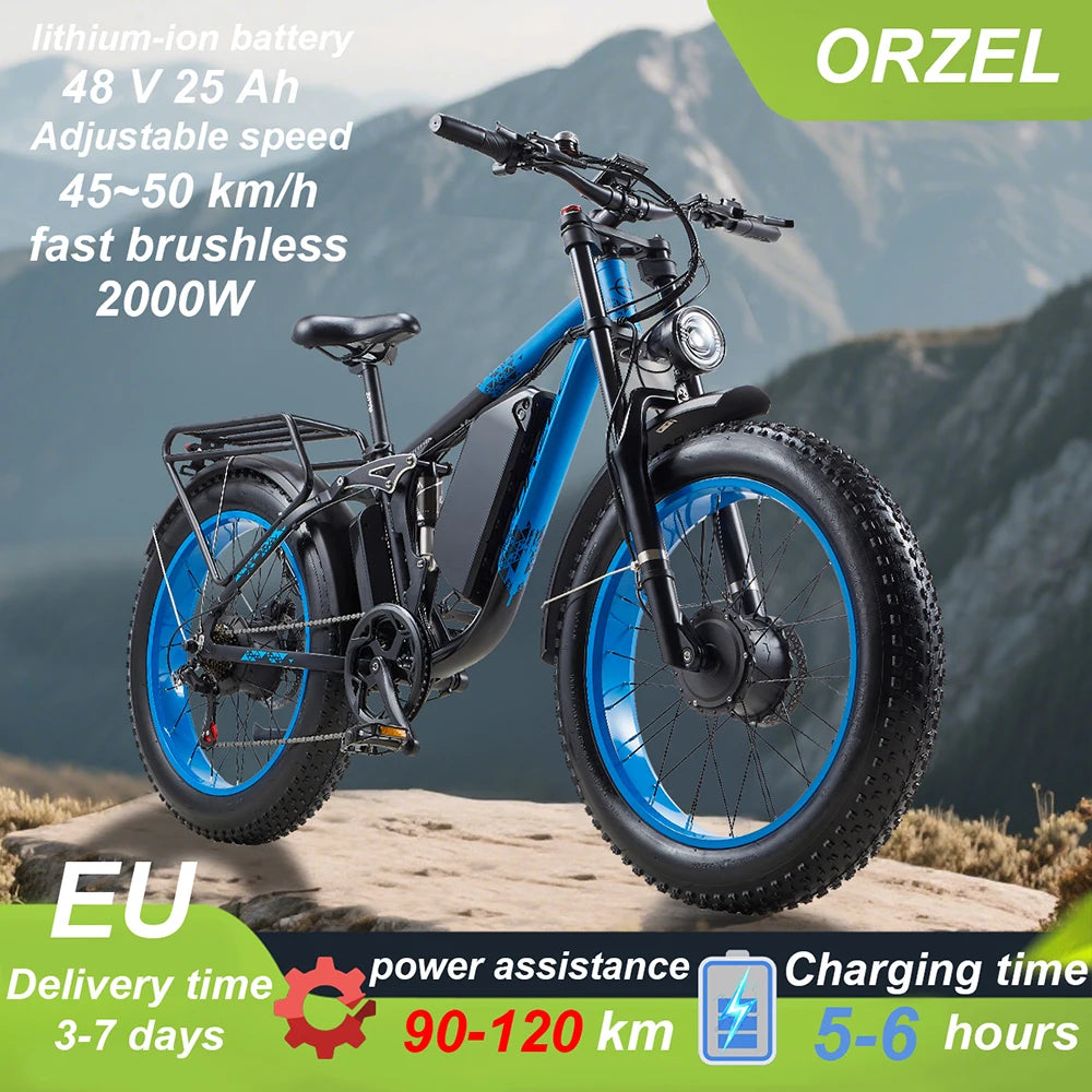 Peak 3000W Dual Motor Ebike for Adults, 48V 25AH Long Range Electric Mountain Bike,24"Fat Tires,Blue
